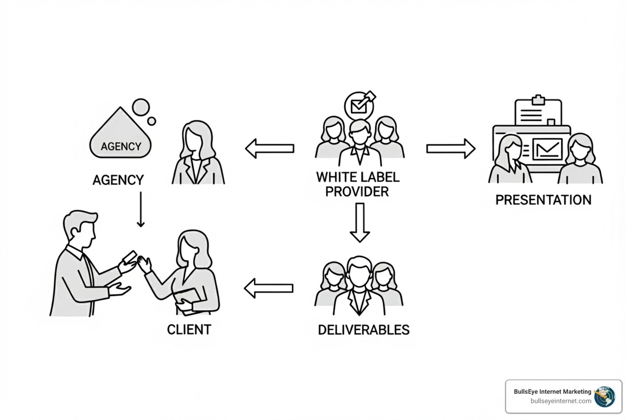 Agency-client collaboration diagram illustrating the white label PPC partnership model, featuring agency, white label provider, client interactions, and deliverables presentation.