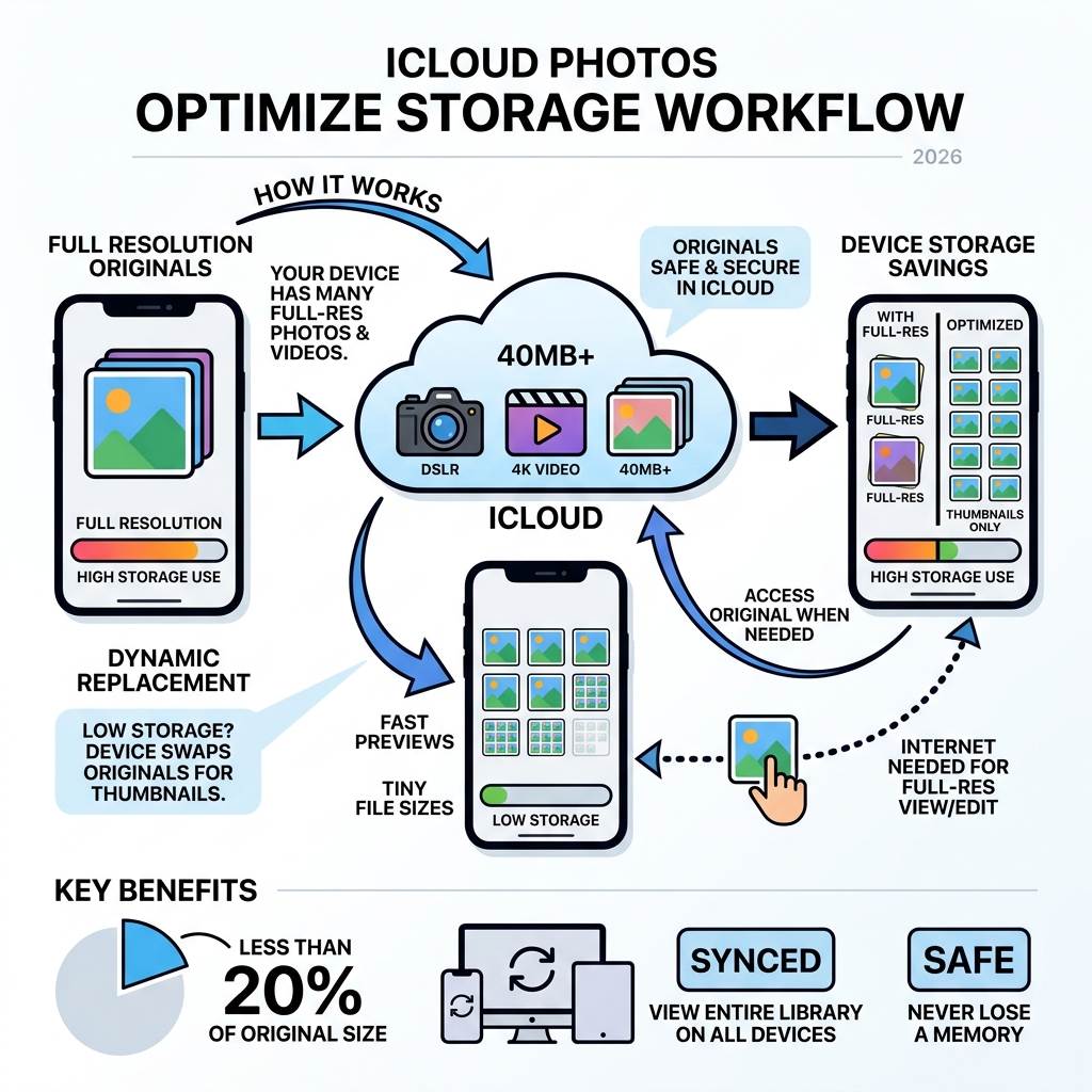 iCloud optimize storage workflow showing full-res in iCloud and thumbnails on device - icloud photo optimize storage