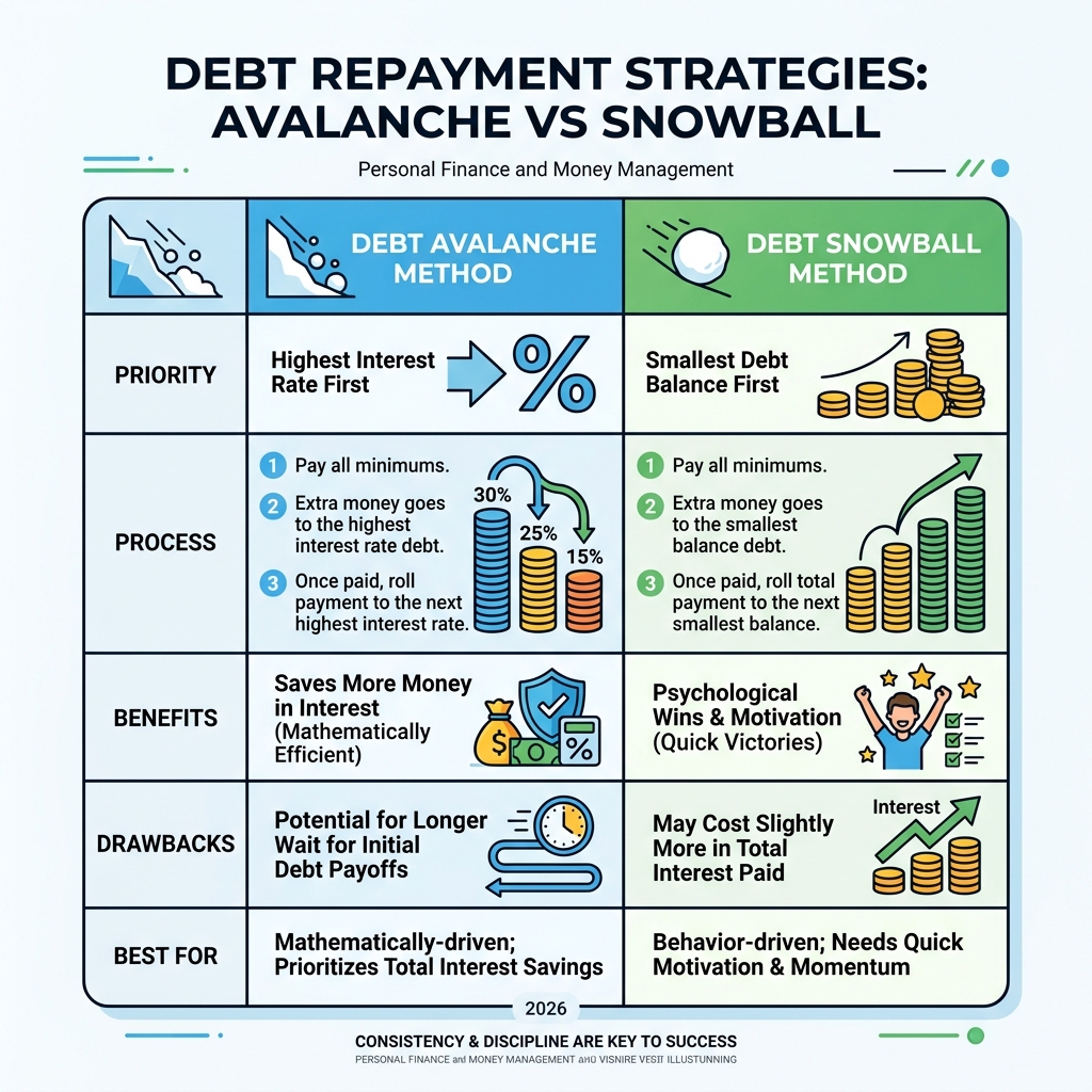 Table comparing avalanche vs snowball methods - Personal Finance and Money Management infographic
