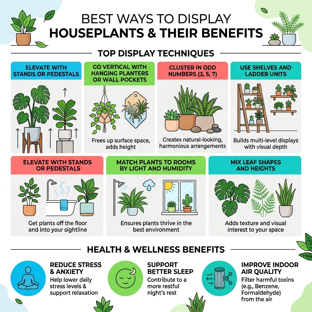 infographic showing best ways to display houseplants with health benefits overview - best way to display houseplants
