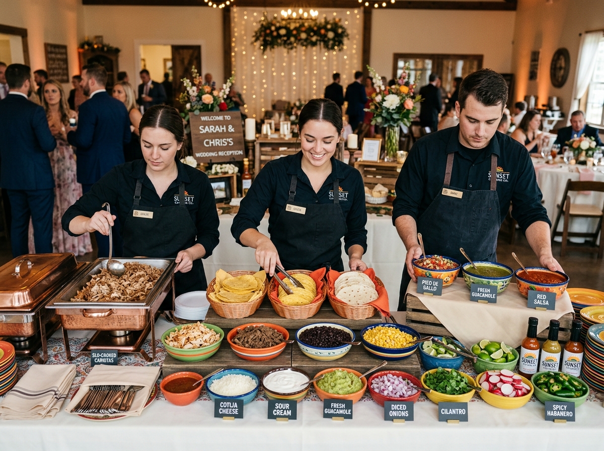 Professional catering team setting up a taco bar - inexpensive reception food Professional catering team setting up a taco bar - inexpensive reception food
