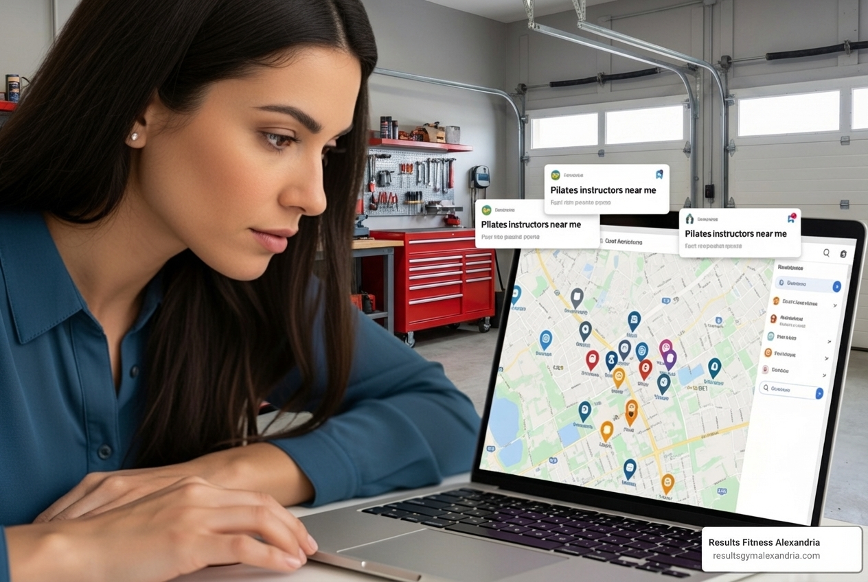 person searching for pilates instructors on a laptop with a map interface - private pilates instructors near me