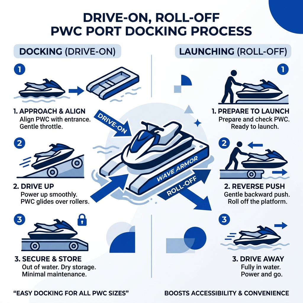 Drive-on roll-off PWC port docking process infographic - Wave Armor PWC Ports infographic