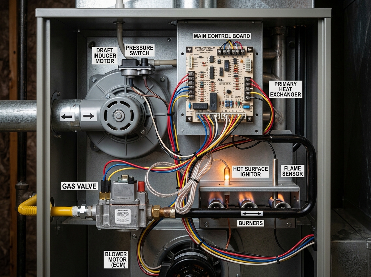 Internal furnace components connected to a central furnace circuit board - furnace circuit board Internal furnace components connected to a central furnace circuit board - furnace circuit board