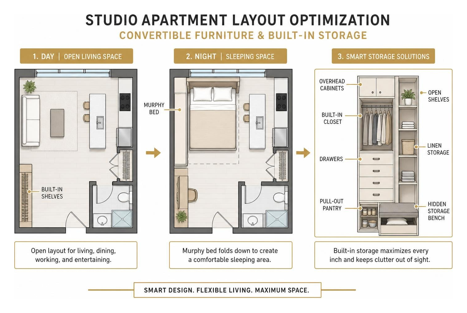 Studio apartment layout optimization diagram showing convertible furniture and built-in storage Studio apartment layout optimization diagram showing convertible furniture and built-in storage