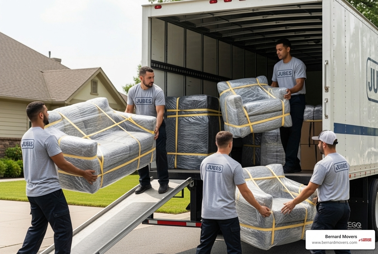 movers loading a moving truck with wrapped furniture - full service relocation movers loading a moving truck with wrapped furniture - full service relocation