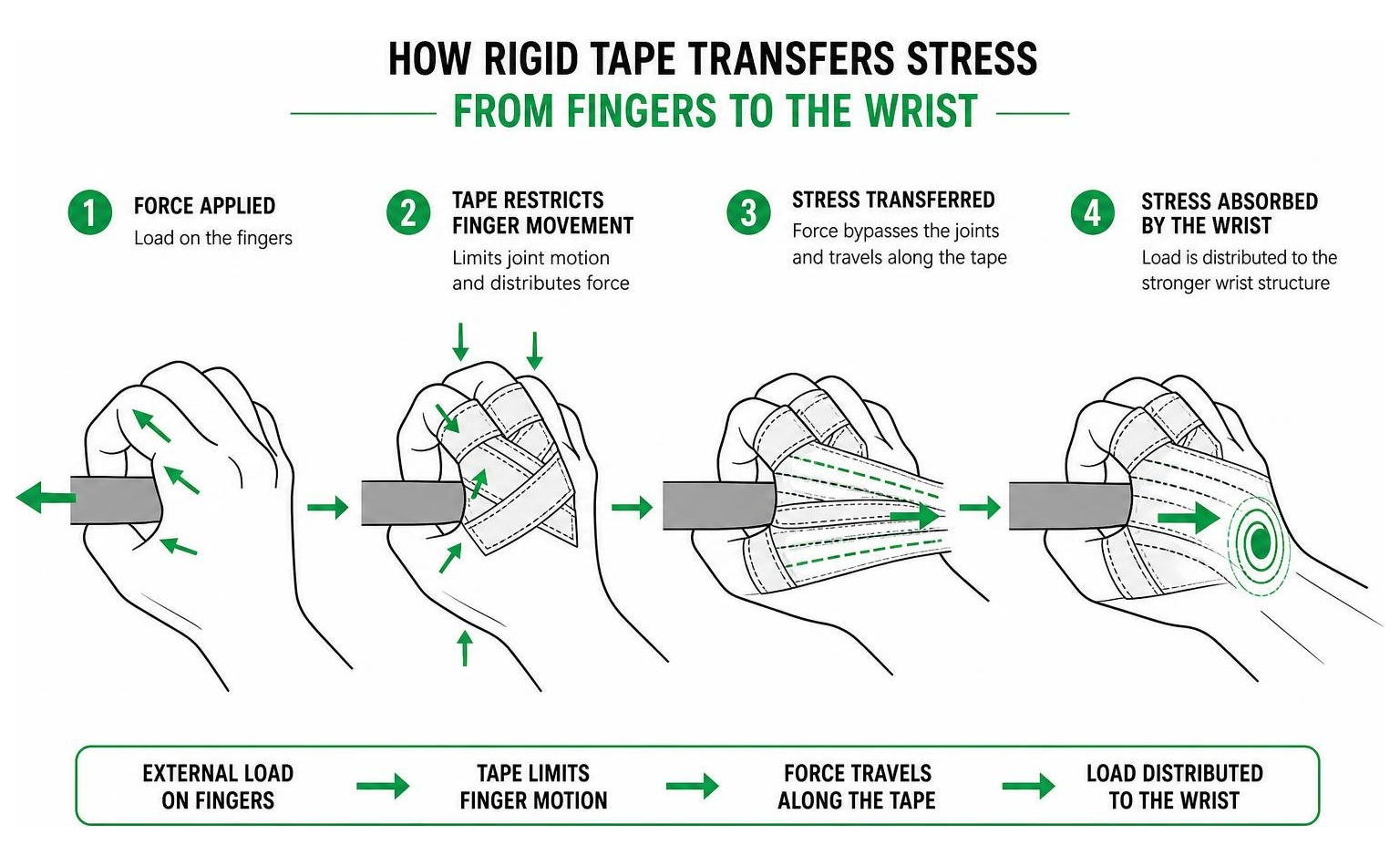 Diagram showing how rigid tape transfers stress from fingers to the wrist Diagram showing how rigid tape transfers stress from fingers to the wrist