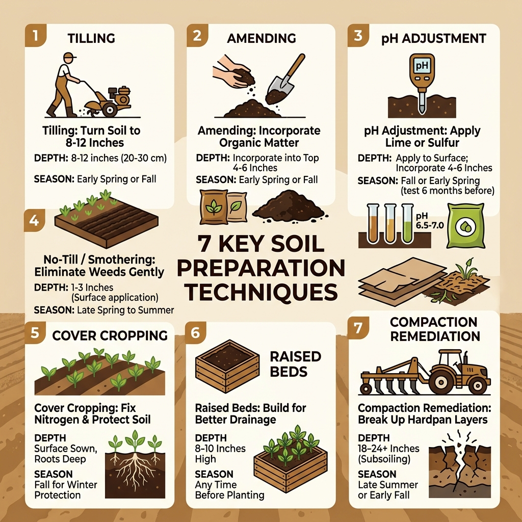 Infographic showing the 7 key soil preparation techniques with depth recommendations and seasonal timing - Soil preparation
