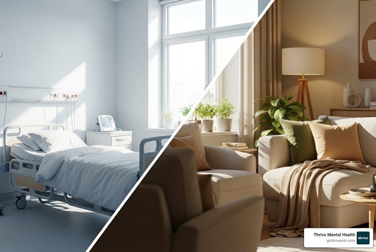 Split-screen of a hospital room vs. a cozy home living room, highlighting the difference between inpatient and PHP treatment. - what is php treatment