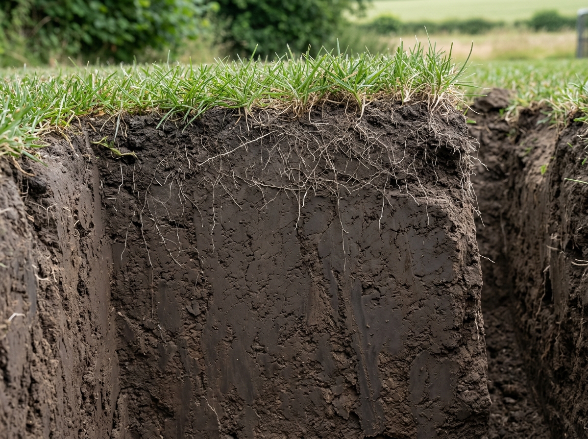 cross-section of clay soil showing tight particles and shallow roots - aerate clay soil cross-section of clay soil showing tight particles and shallow roots - aerate clay soil
