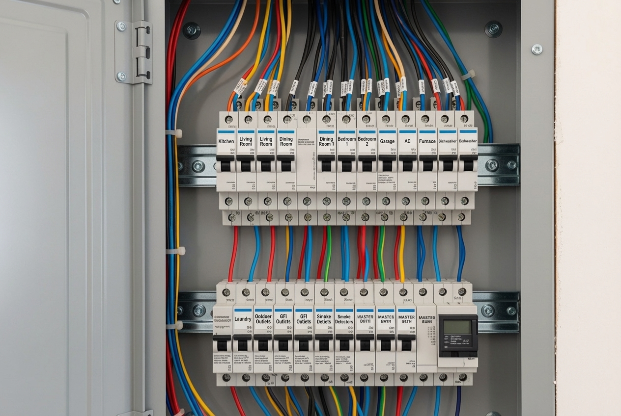 A close-up of a new electrical panel with neatly organized wires and circuit breakers. - changing a fuse box to a breaker box A close-up of a new electrical panel with neatly organized wires and circuit breakers. - changing a fuse box to a breaker box