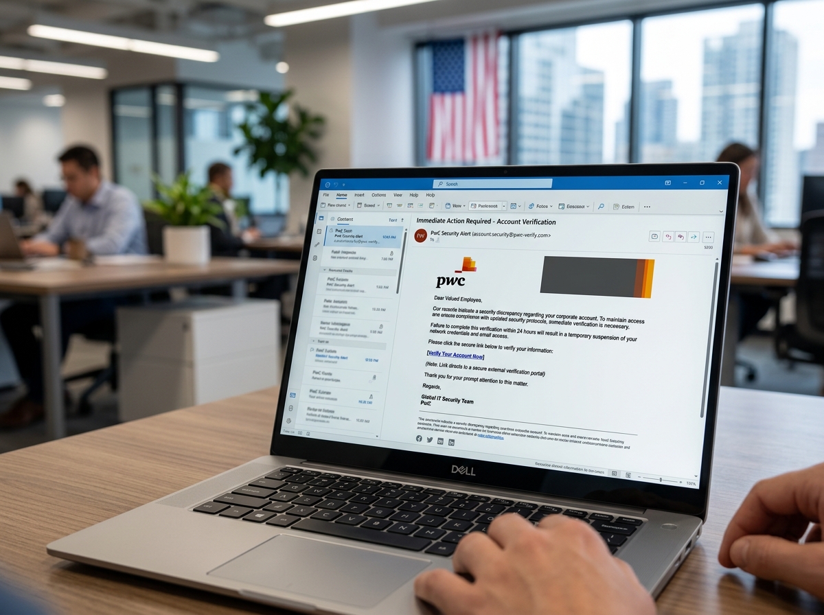 A phishing email targeting a corporate employee with fake PwC branding - pwc scam