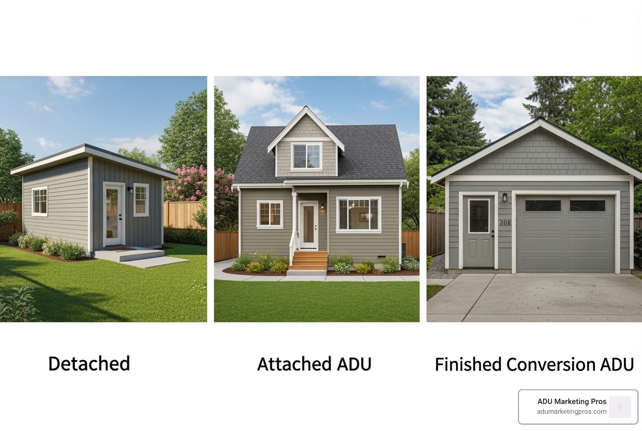 Side-by-side comparison of a detached ADU, an attached ADU, and a garage conversion ADU - Menlo Park ADU construction