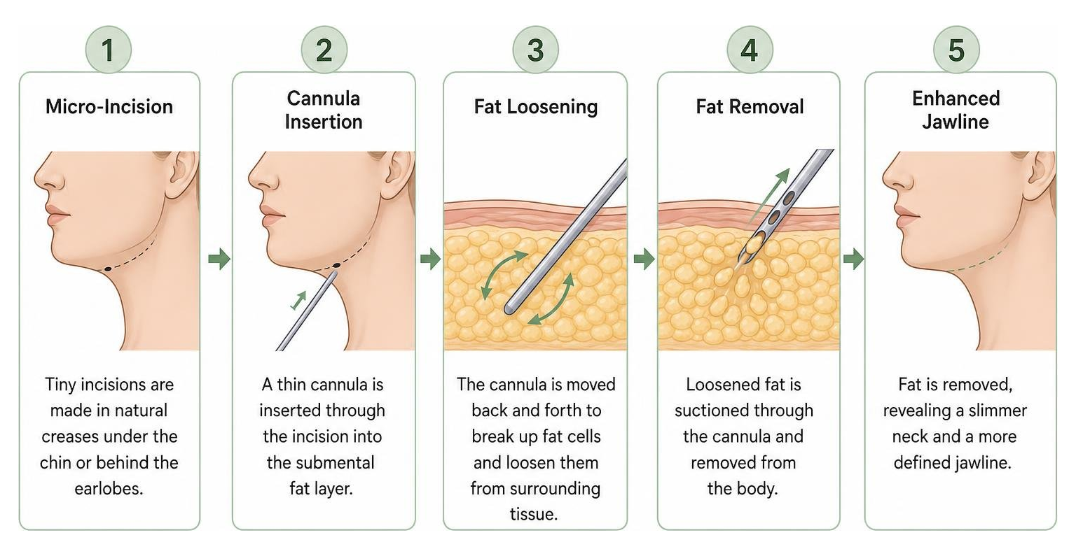 Step-by-step process of how a cannula removes fat during neck liposuction Step-by-step process of how a cannula removes fat during neck liposuction