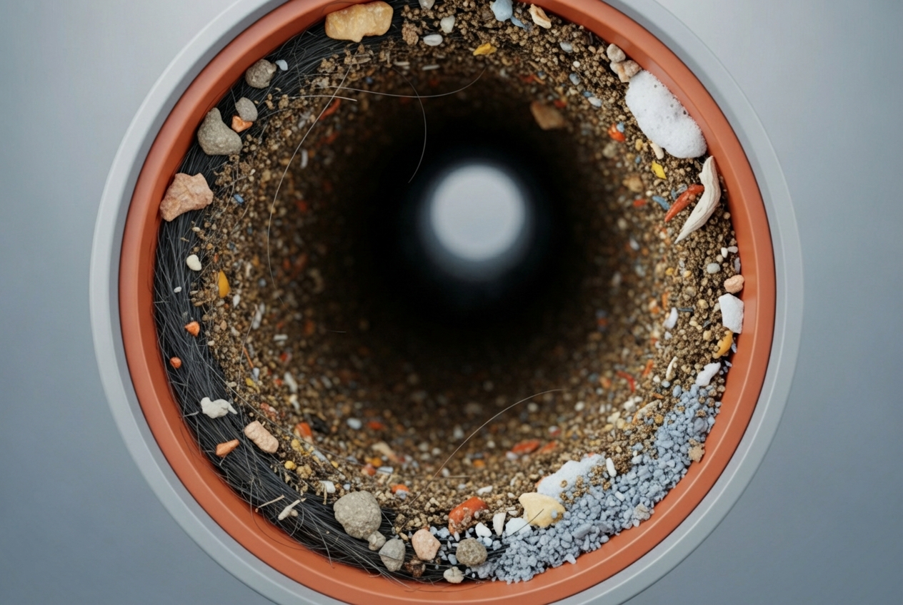 infographic showing common drain clog culprits including hair, grease, soap scum, food debris, non-flushable items, and mineral buildup from hard water, with icons for kitchen sink, bathroom drain, and toilet - best clogged drain repair in pflugerville, tx Close-up of a clogged drain pipe showing accumulated debris, hair, and sediment, illustrating common drainage issues faced by Pflugerville residents.