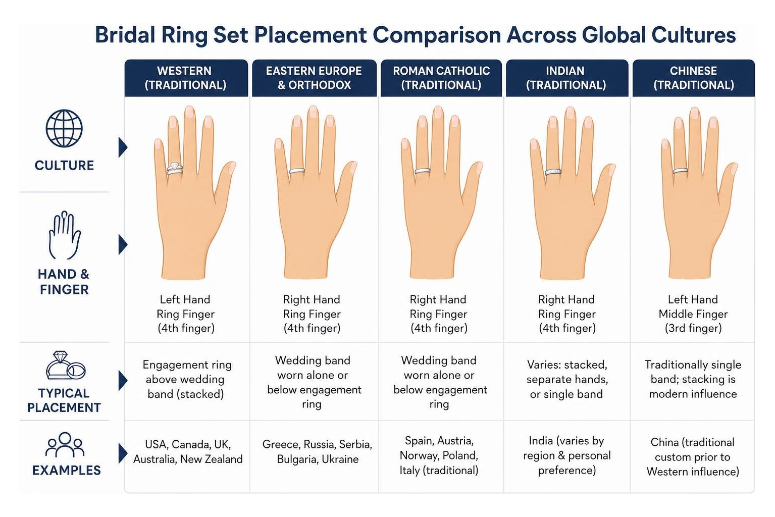 Bridal ring set placement comparison across global cultures