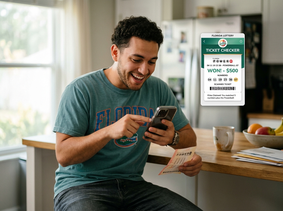 Player checking a ticket on a smartphone - fl lottery numbers Player checking a ticket on a smartphone - fl lottery numbers