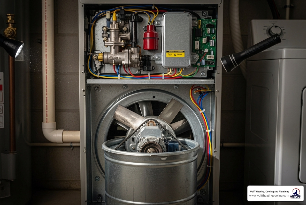 infographic showing common furnace noises with icons: banging ducts labeled thermal expansion, screeching motor labeled worn bearings, scraping sound labeled loose blower wheel, rattling labeled debris or loose panels, and a central furnace diagram with arrows pointing to each component - My furnace is making a weird noise. Who can I call for furnace repair in Rio Rancho, NM?" infographic showing common furnace noises with icons: banging ducts labeled thermal expansion, screeching motor labeled worn bearings, scraping sound labeled loose blower wheel, rattling labeled debris or loose panels, and a central furnace diagram with arrows pointing to each component - My furnace is making a weird noise. Who can I call for furnace repair in Rio Rancho, NM?"