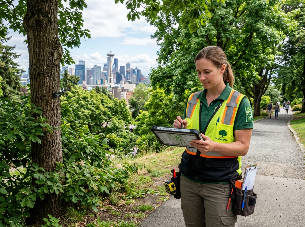 An ISA Certified Arborist using GIS software and a tablet to perform a tree inventory in an urban park An ISA Certified Arborist using GIS software and a tablet to perform a tree inventory in an urban park