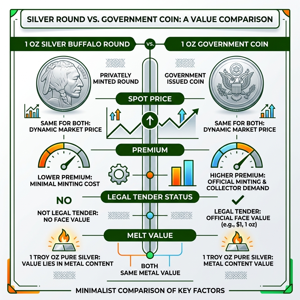 Silver Buffalo Round vs government coin infographic showing spot price, premium, legal tender status, and melt value