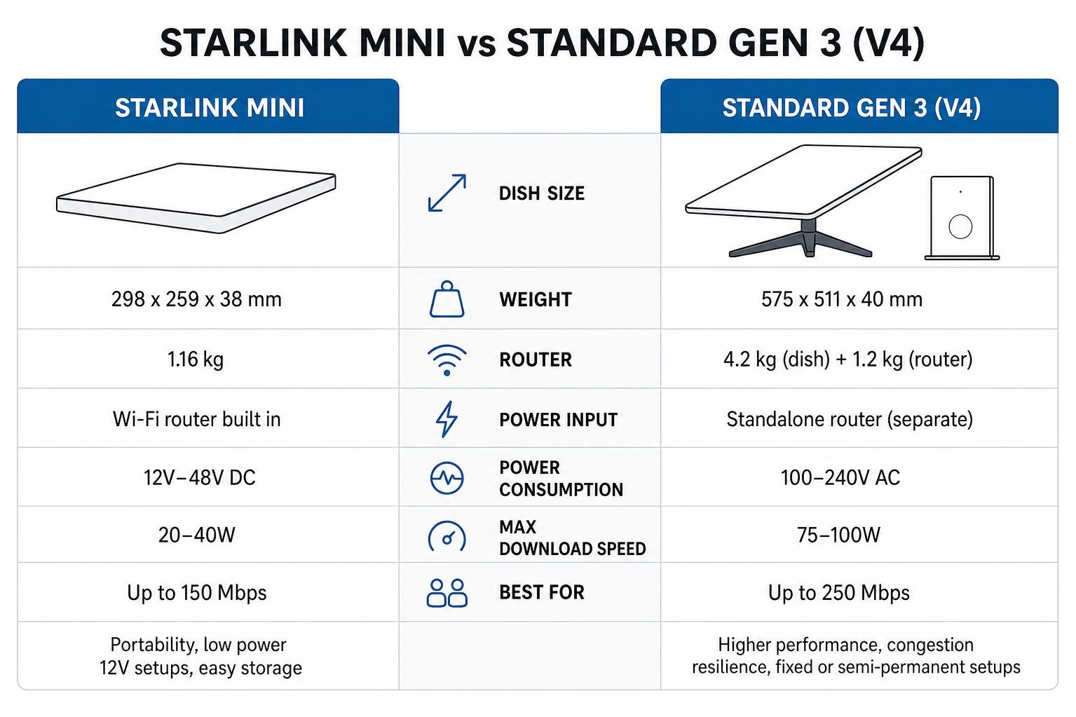 Comparing Starlink Mini and Standard Gen 3 dish specs and power requirements Comparing Starlink Mini and Standard Gen 3 dish specs and power requirements