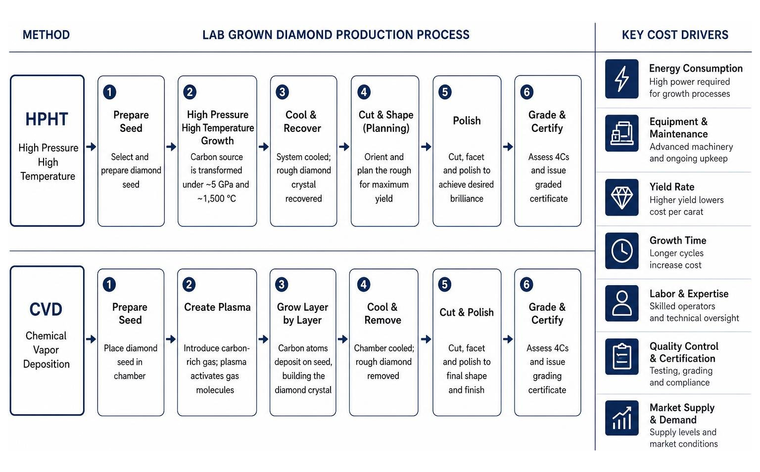 Process flow of lab grown diamond production methods and cost drivers