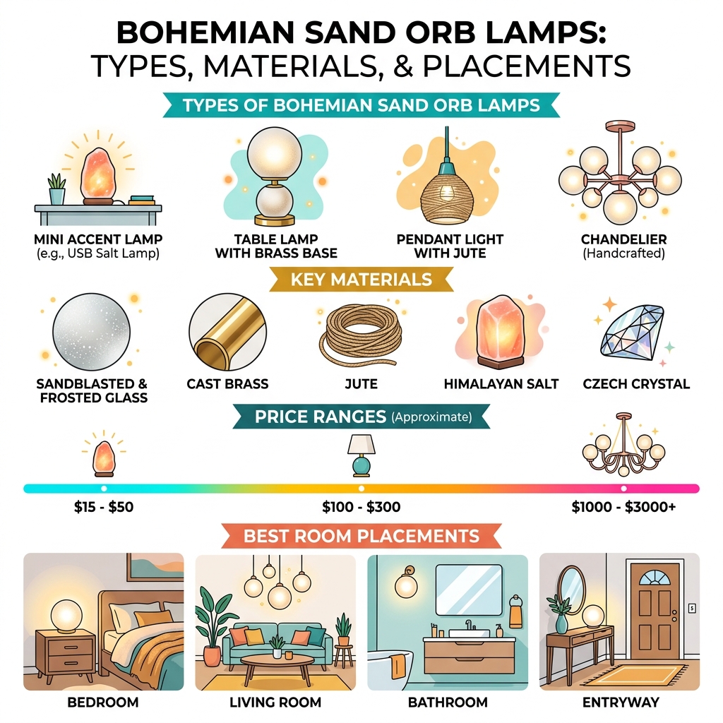 Infographic showing types of bohemian sand orb lamps, materials, price ranges, and best room placements - bohemian sand orb Infographic showing types of bohemian sand orb lamps, materials, price ranges, and best room placements - bohemian sand orb