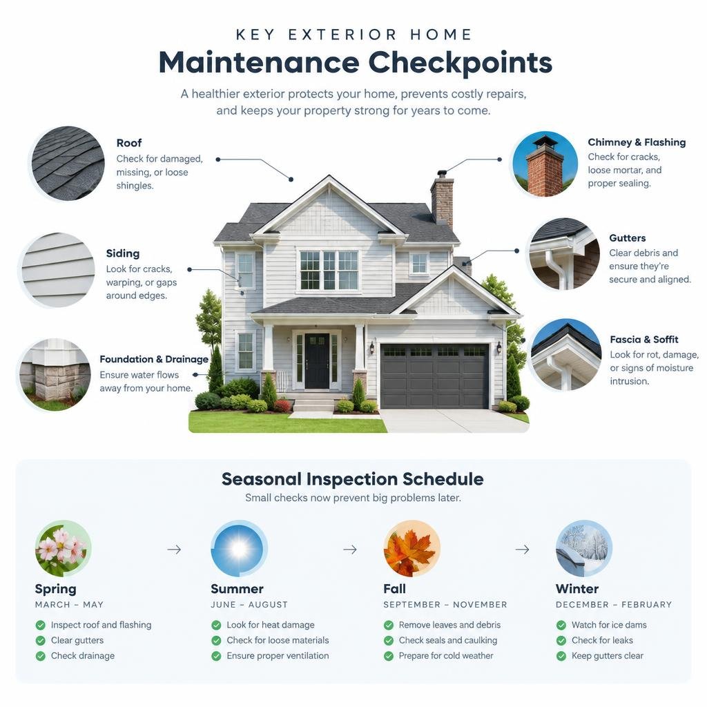 key exterior home maintenance checkpoints infographic