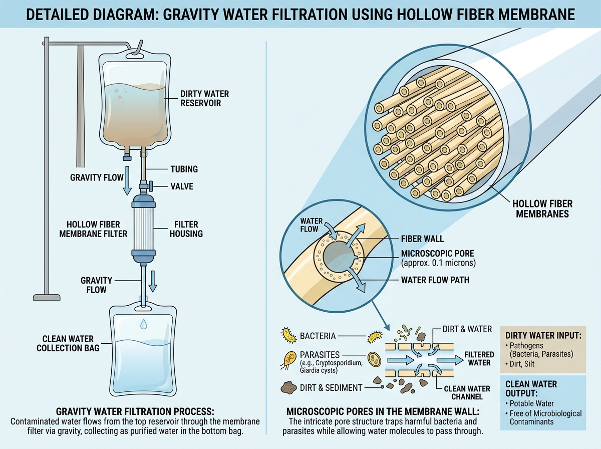 Diagram of water filtration process showing microscopic contaminants being trapped by hollow fiber walls - gravity water
