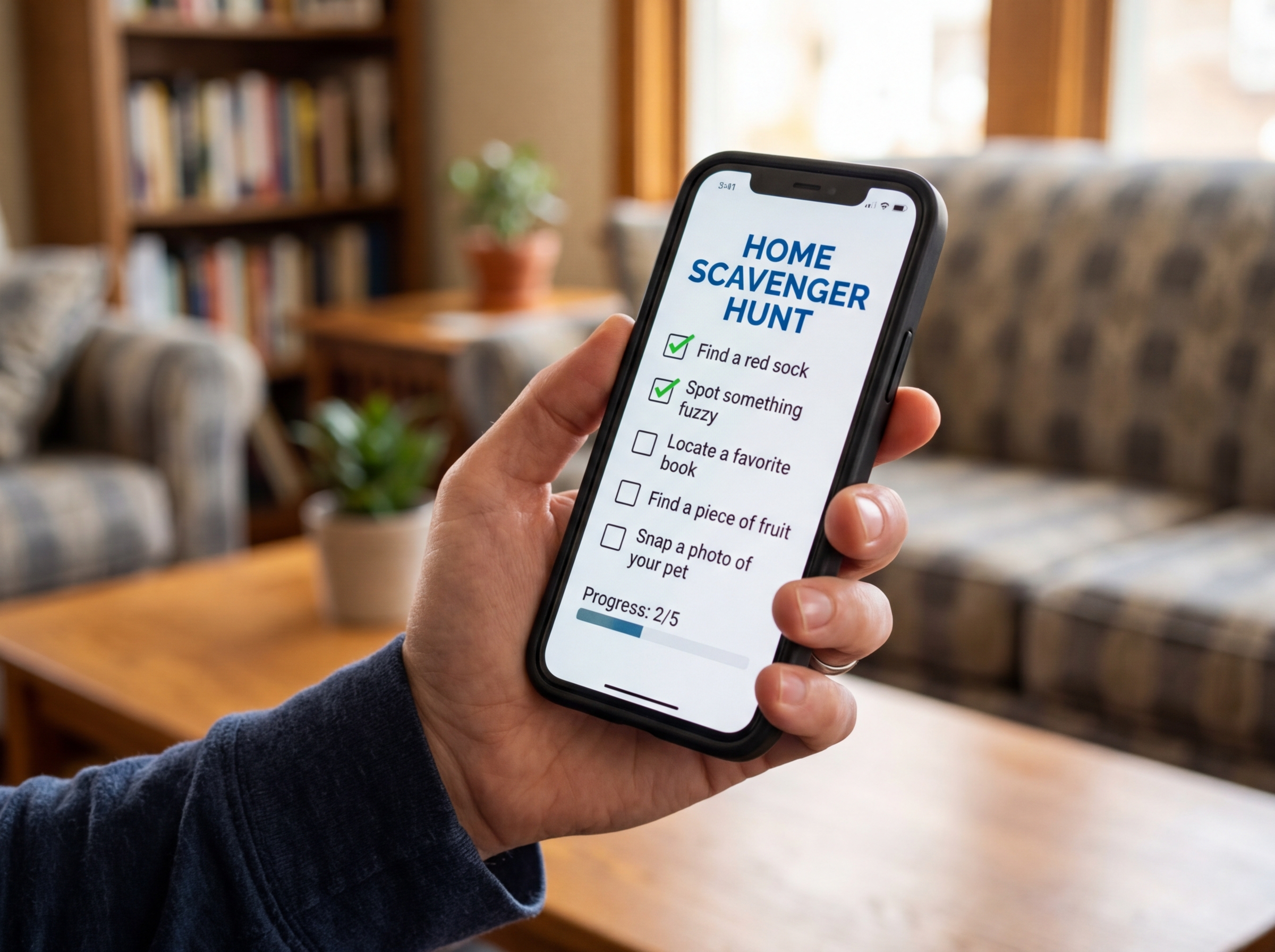 smartphone screen displaying a scavenger hunt checklist - indoor scavenger hunt for adults smartphone screen displaying a scavenger hunt checklist - indoor scavenger hunt for adults