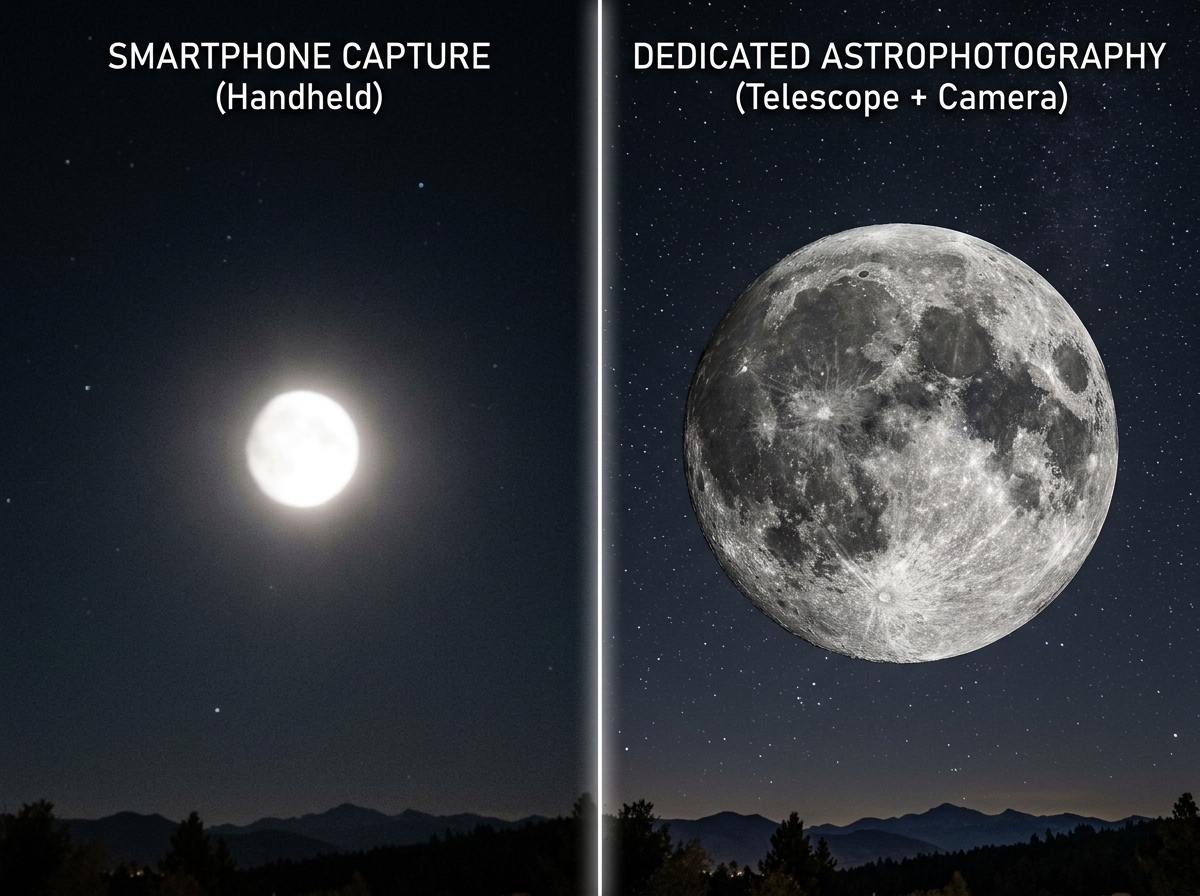 Comparison of a blurry moon blob vs a detailed lunar shot with visible craters - taking photos of the moon with phone Comparison of a blurry moon blob vs a detailed lunar shot with visible craters - taking photos of the moon with phone