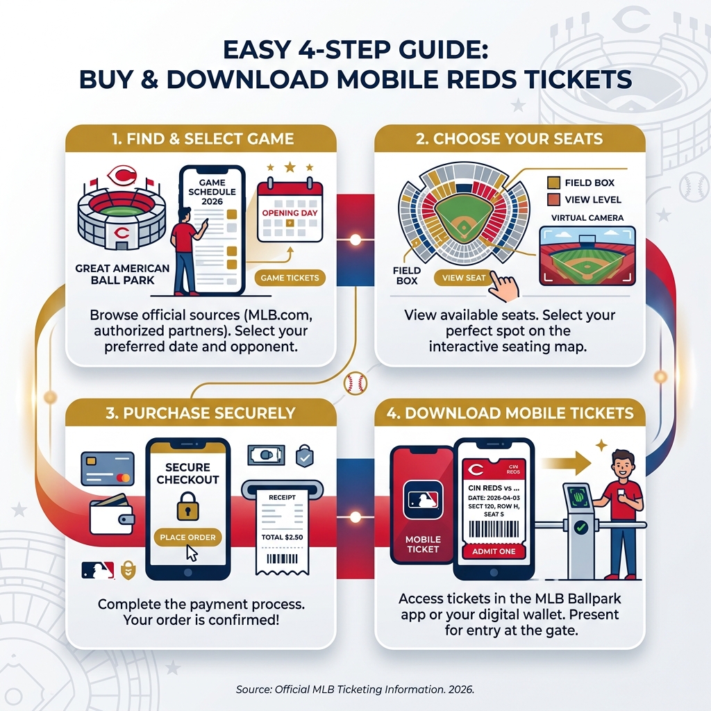 Infographic showing step-by-step process to buy and download mobile Cincinnati Reds tickets - cincinnati reds tickets