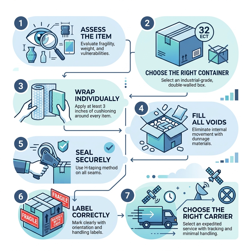 7-step fragile parcel delivery workflow infographic with icons for each stage - fragile parcel delivery infographic 