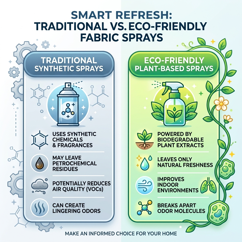 Infographic comparing traditional synthetic fabric sprays vs eco-friendly plant-based alternatives - earth friendly fabric
