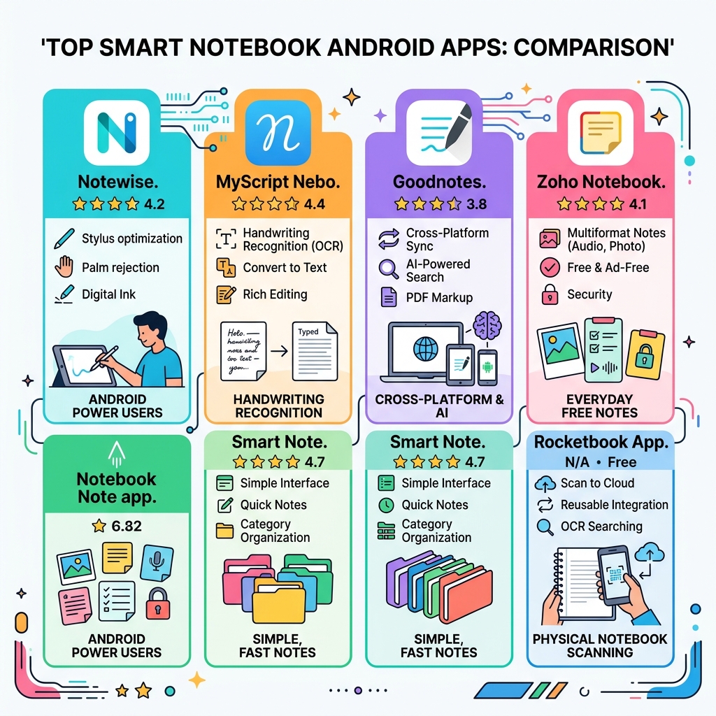 Comparison of top smart notebook Android apps with ratings, features, and use cases - smart notebook android app infographic Comparison of top smart notebook Android apps with ratings, features, and use cases - smart notebook android app infographic