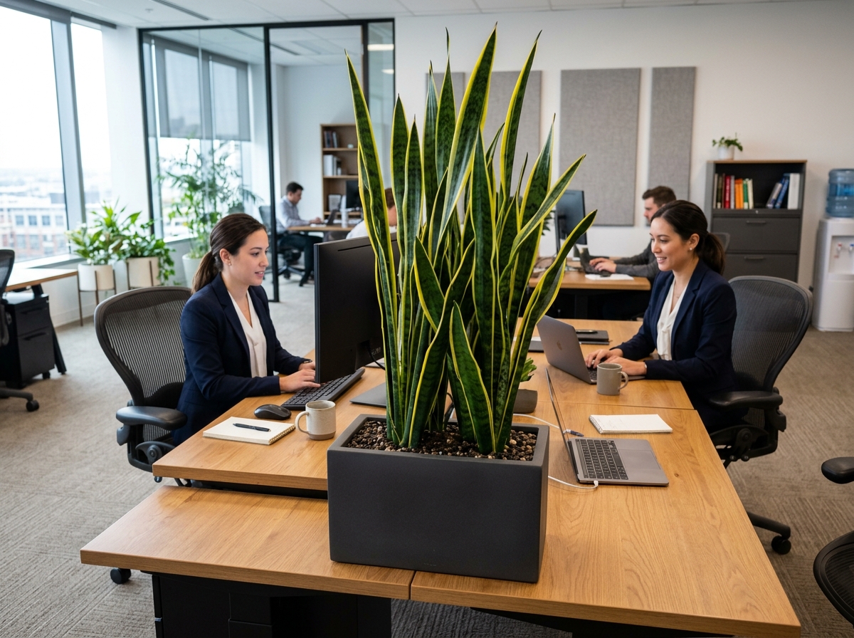 A tall Snake Plant in a sleek rectangular planter in a professional office setting - best low maintenance office plants