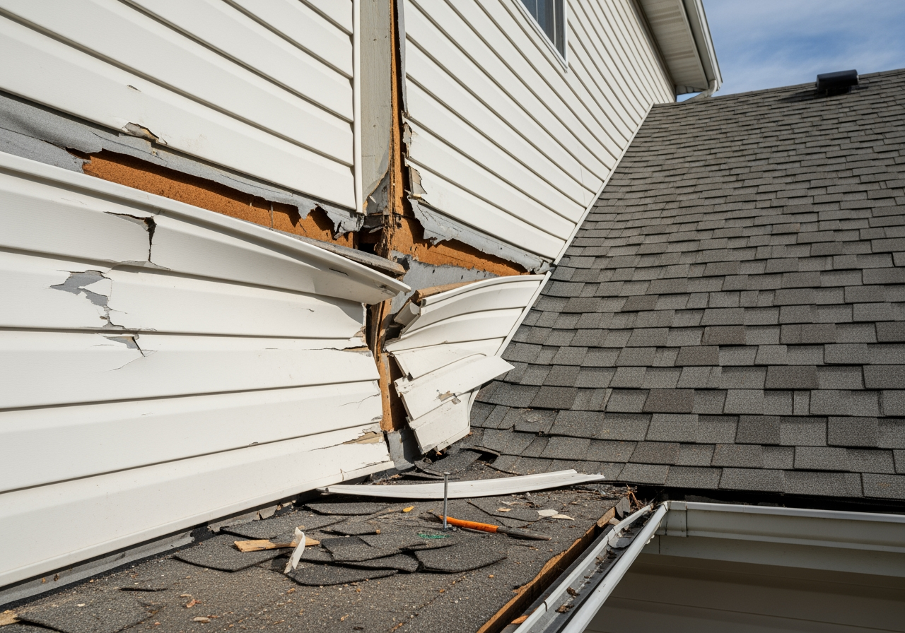 ladder with a standoff protector next to a scuffed siding panel - roofer damaged siding ladder with a standoff protector next to a scuffed siding panel - roofer damaged siding