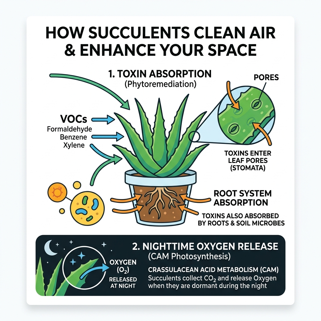 Infographic showing how succulents absorb VOCs through pores and roots, release oxygen at night via CAM photosynthesis - do