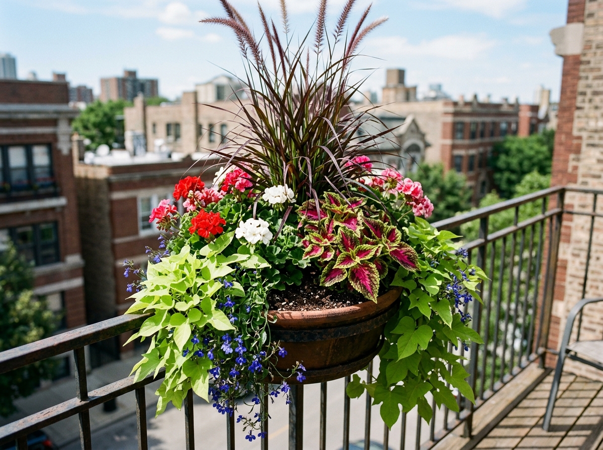A professionally styled container using the Thriller-Filler-Spiller method with varied textures - balcony flower pot ideas