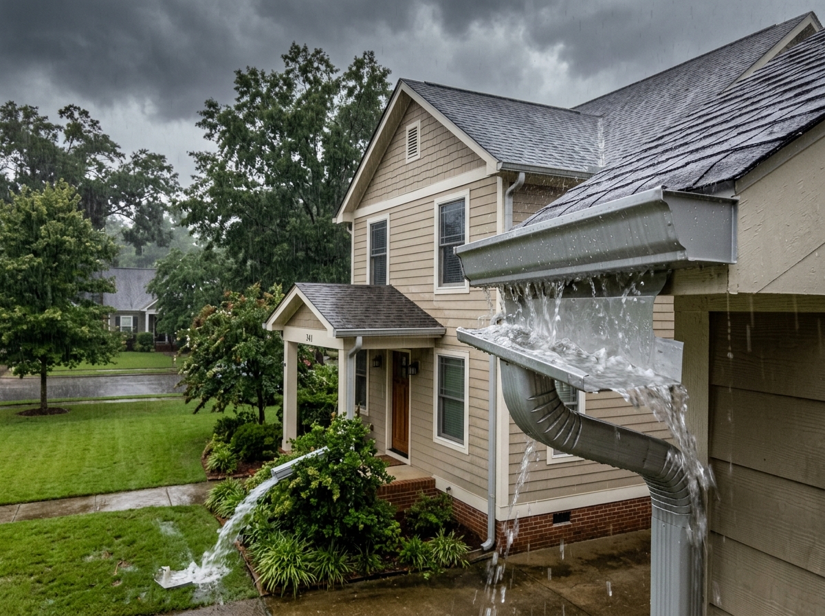 heavy rain flowing through a clean gutter system - gutter installation Hoover AL