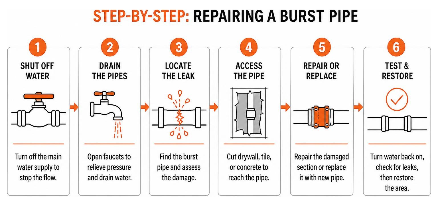 diagram showing the step-by-step process of repairing a burst pipe