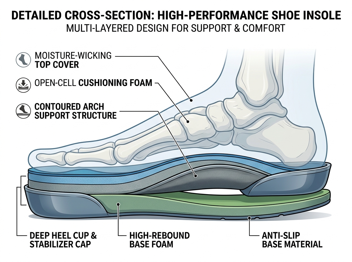 Diagram showing the layers of a high-performance insole including the stabilizer cap and foam layers - arch support shoes Diagram showing the layers of a high-performance insole including the stabilizer cap and foam layers - arch support shoes