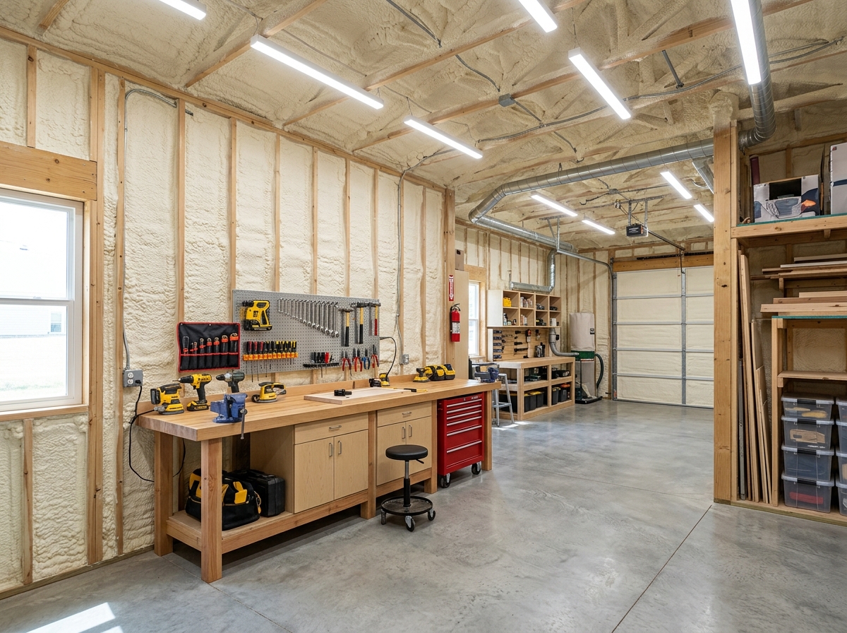 professionally insulated workshop interior showing seamless foam coverage - shop insulation spray foam