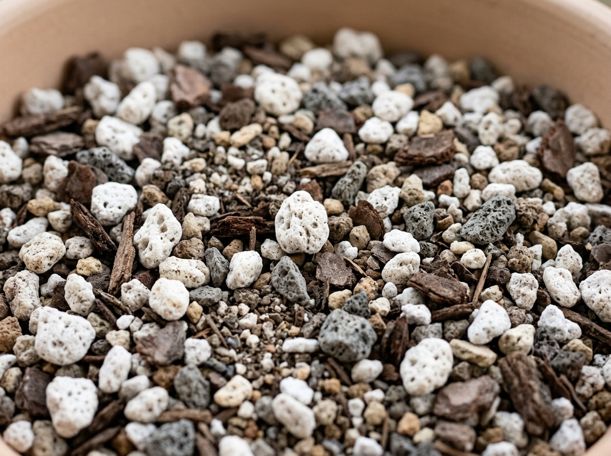Close up of porous succulent soil texture with visible pumice and bark - best soil type for succulents