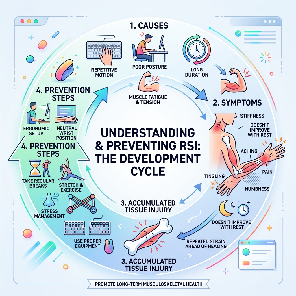 RSI development cycle infographic showing causes, symptoms, and prevention steps - how to prevent rsi repetitive strain