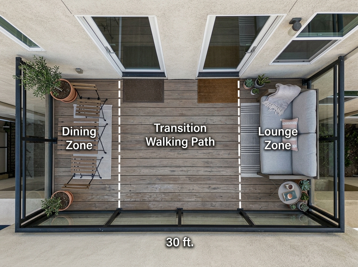 Diagram of a long balcony divided into a dining zone, a transition zone, and a lounge zone - long balcony design