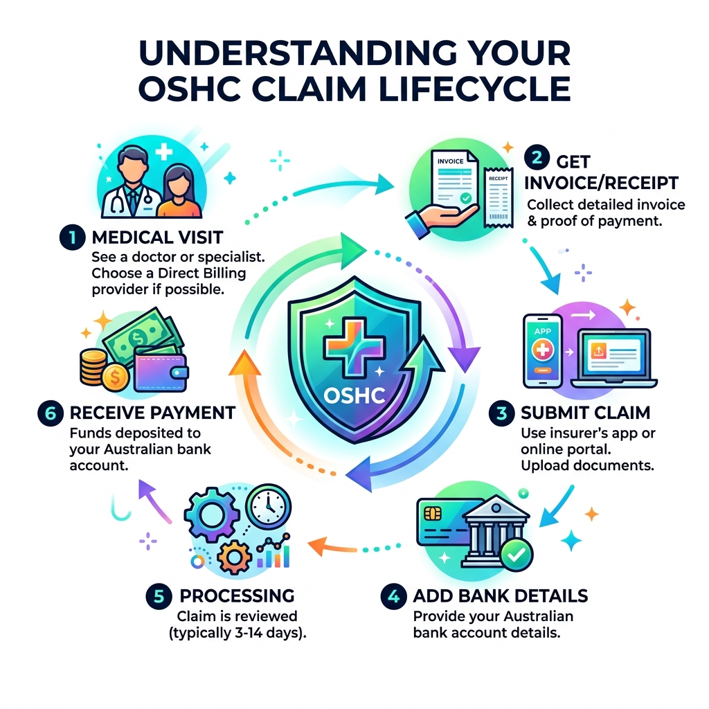 OSHC claim lifecycle infographic showing steps from medical visit to payment - Australian student insurance claims