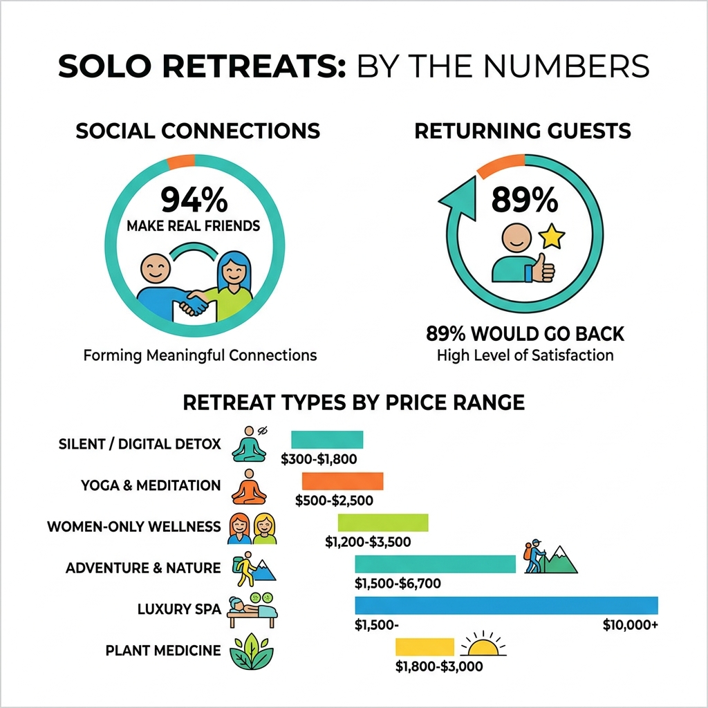infographic showing solo retreat stats including friend-making rate, return rate, and retreat types by price - best retreats