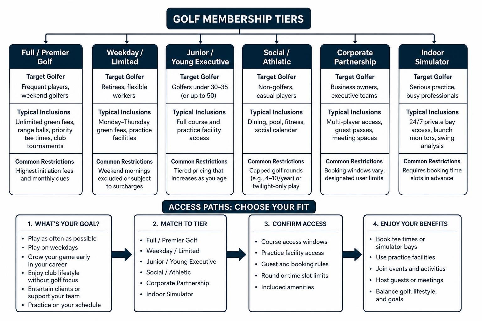 Comparison of golf membership tiers and access paths