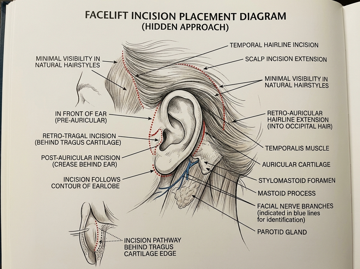 Close-up diagram showing the strategic, hidden placement of facelift incisions behind the ear and in the hairline - elegant